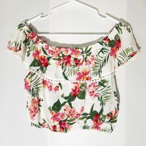 Papaya Womens L Hawaiian Off Shoulder Crop Top Floral Red Green Pink Cream